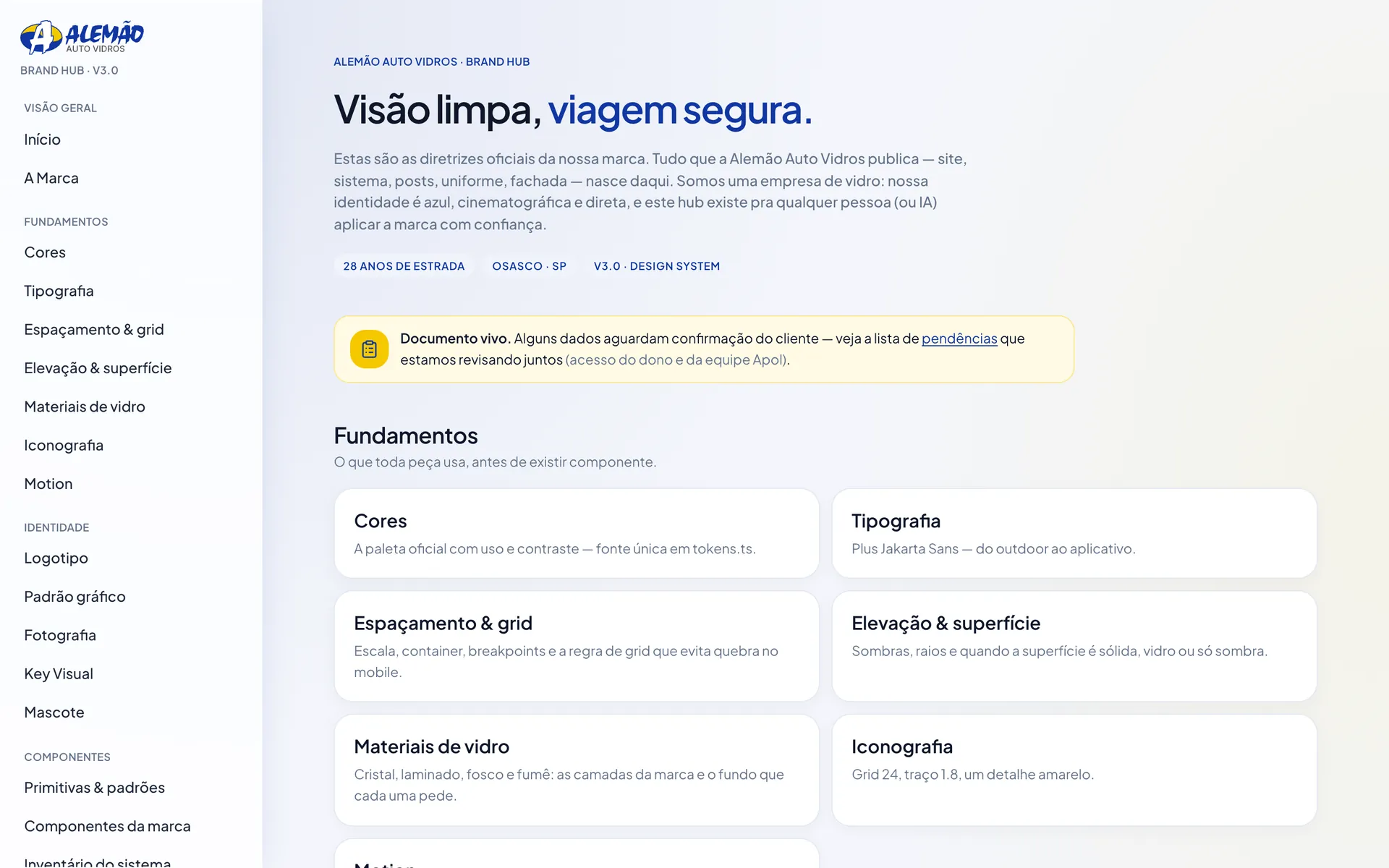 Manual da marca do Alemão, página inicial com os fundamentos