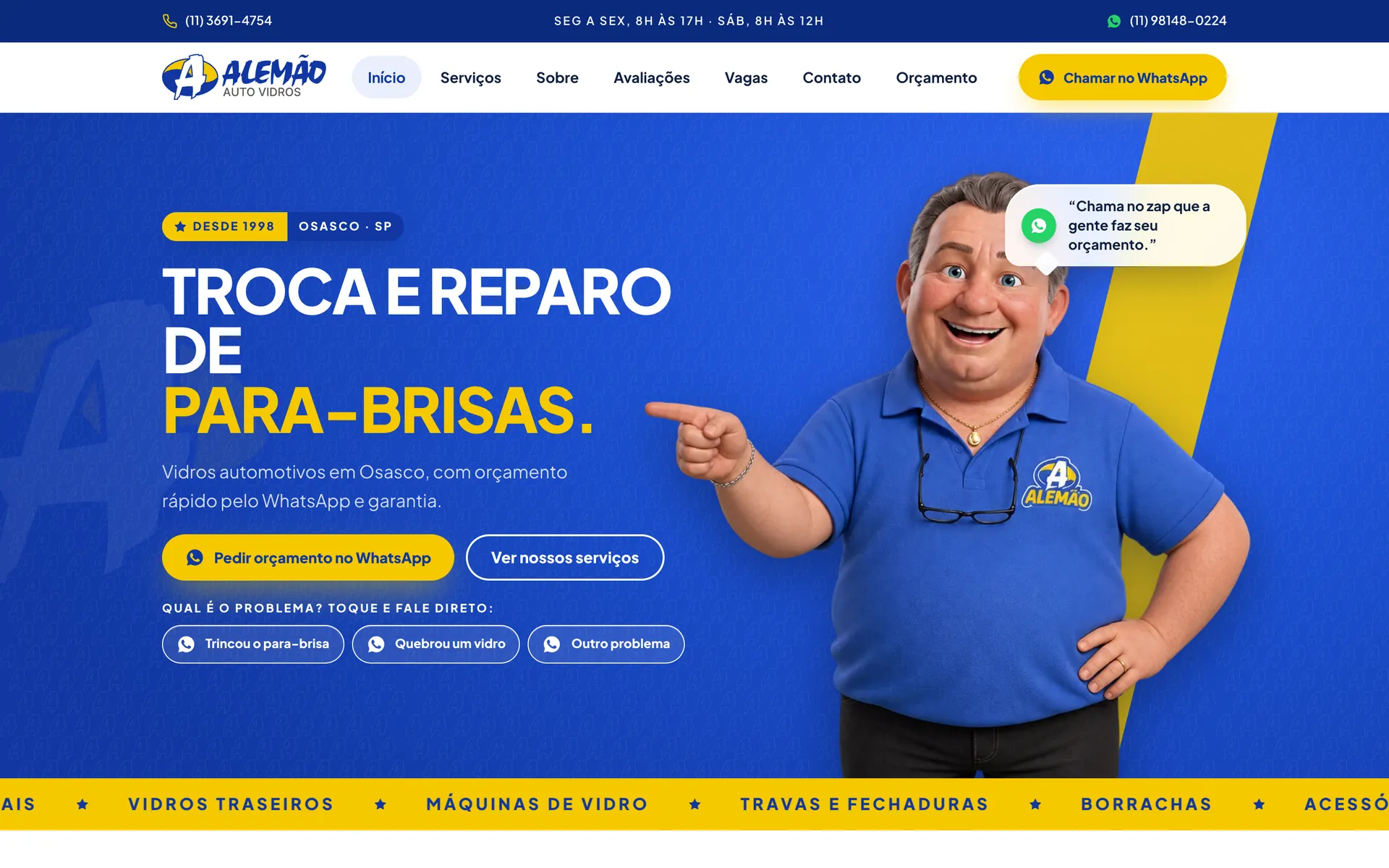 Site público do Alemão Auto Vidros, no domínio do cliente