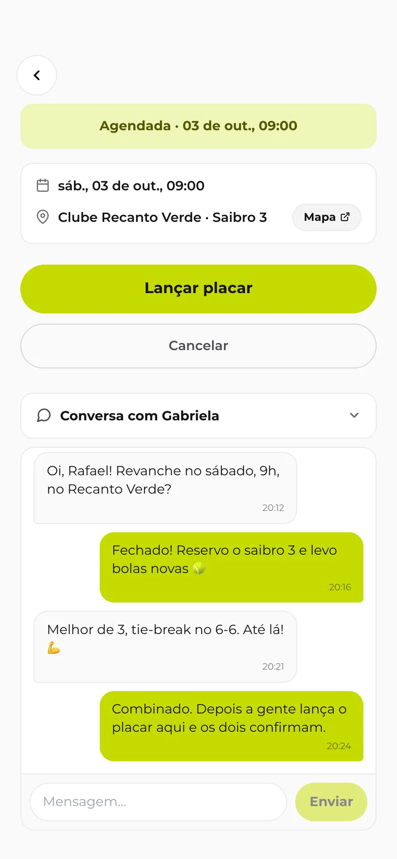 Conversa da partida marcando o jogo e o botão de lançar o placar, com perfis de demonstração