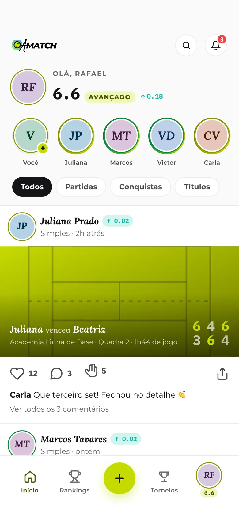 Feed do Amatch com a partida de dois jogadores e o ATR de quem está logado, com perfis de demonstração