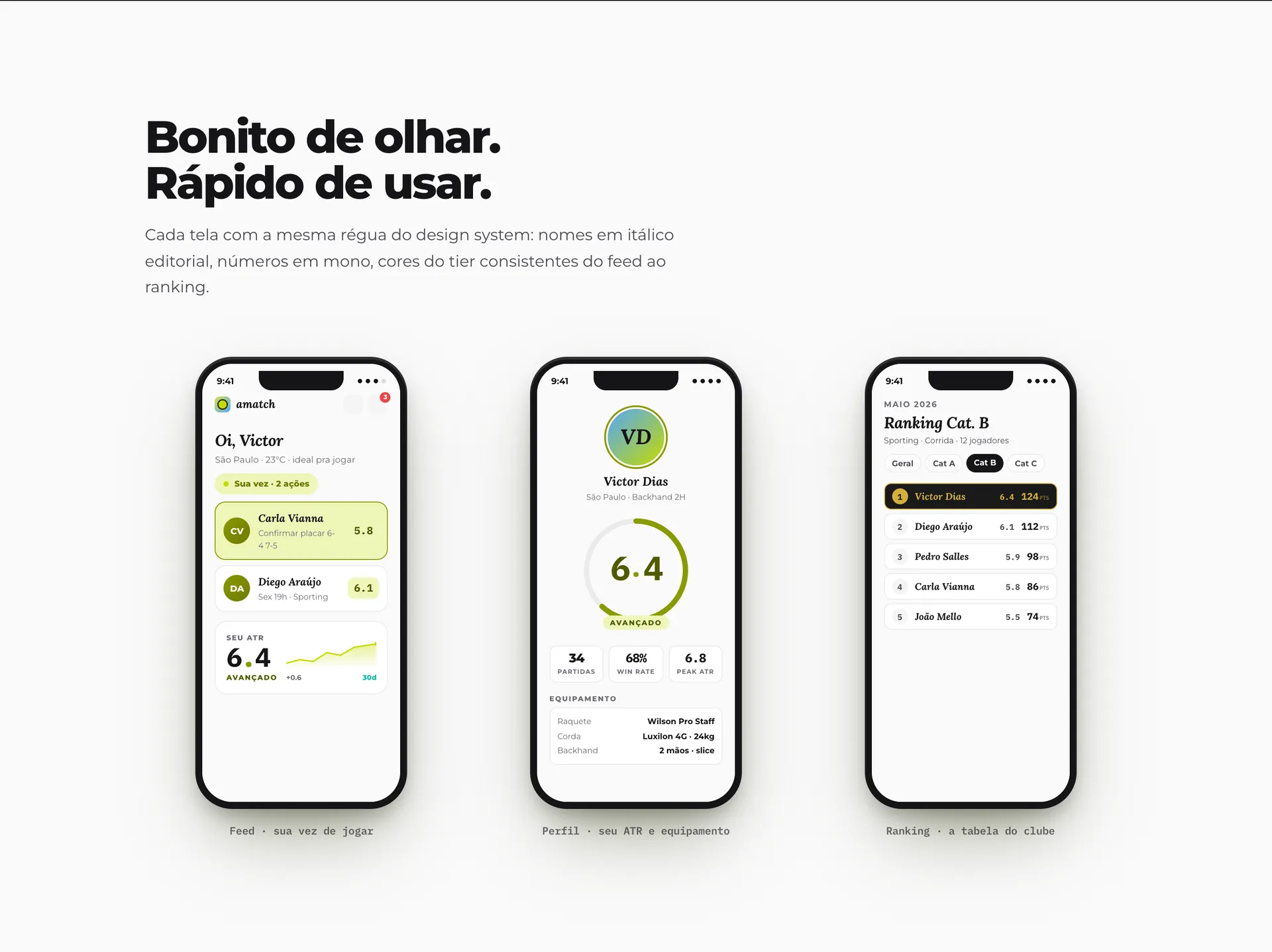 As telas do app mostradas na página: feed, perfil e ranking