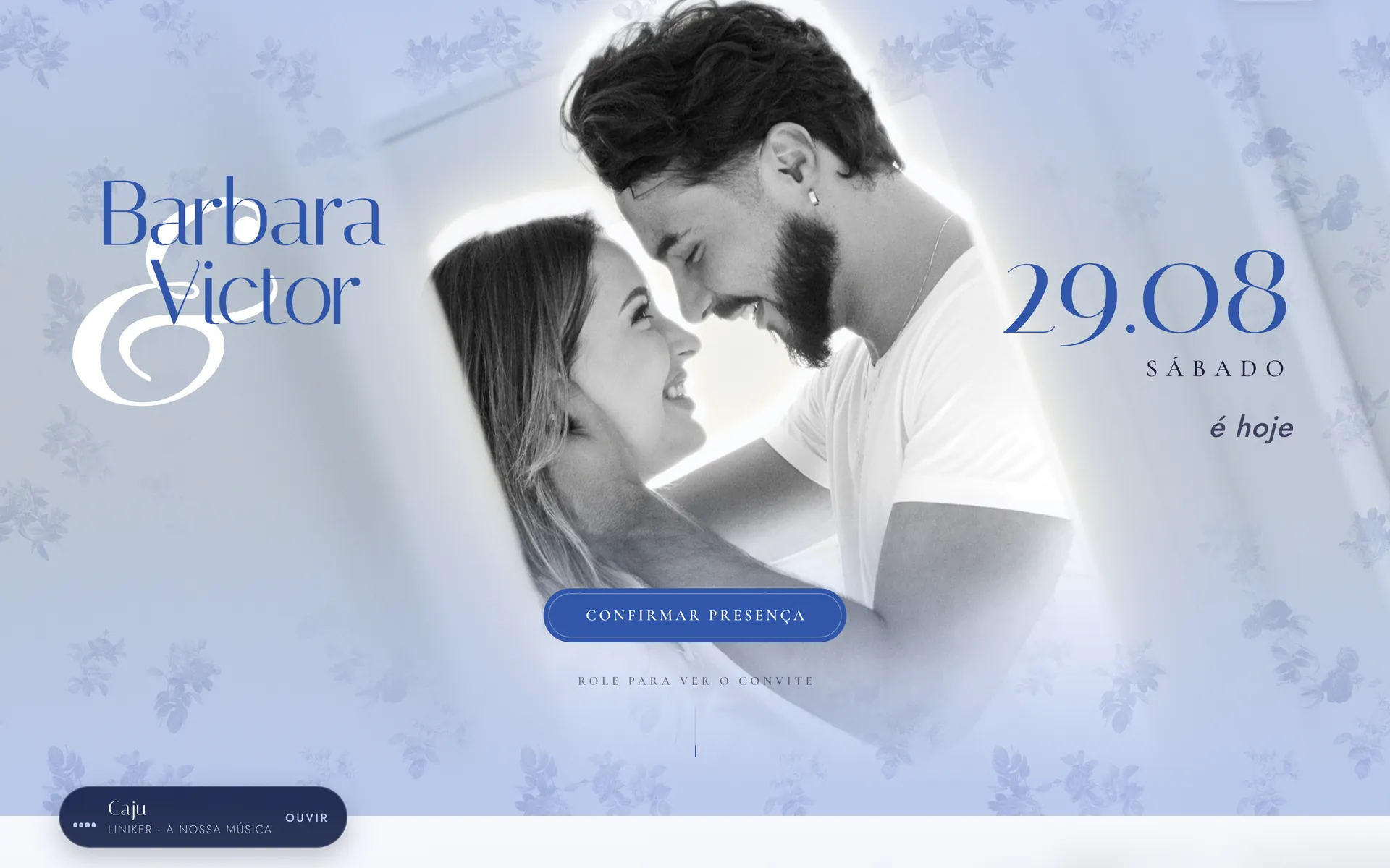 Capa do convite de Barbara & Victor, com a data e a confirmação de presença