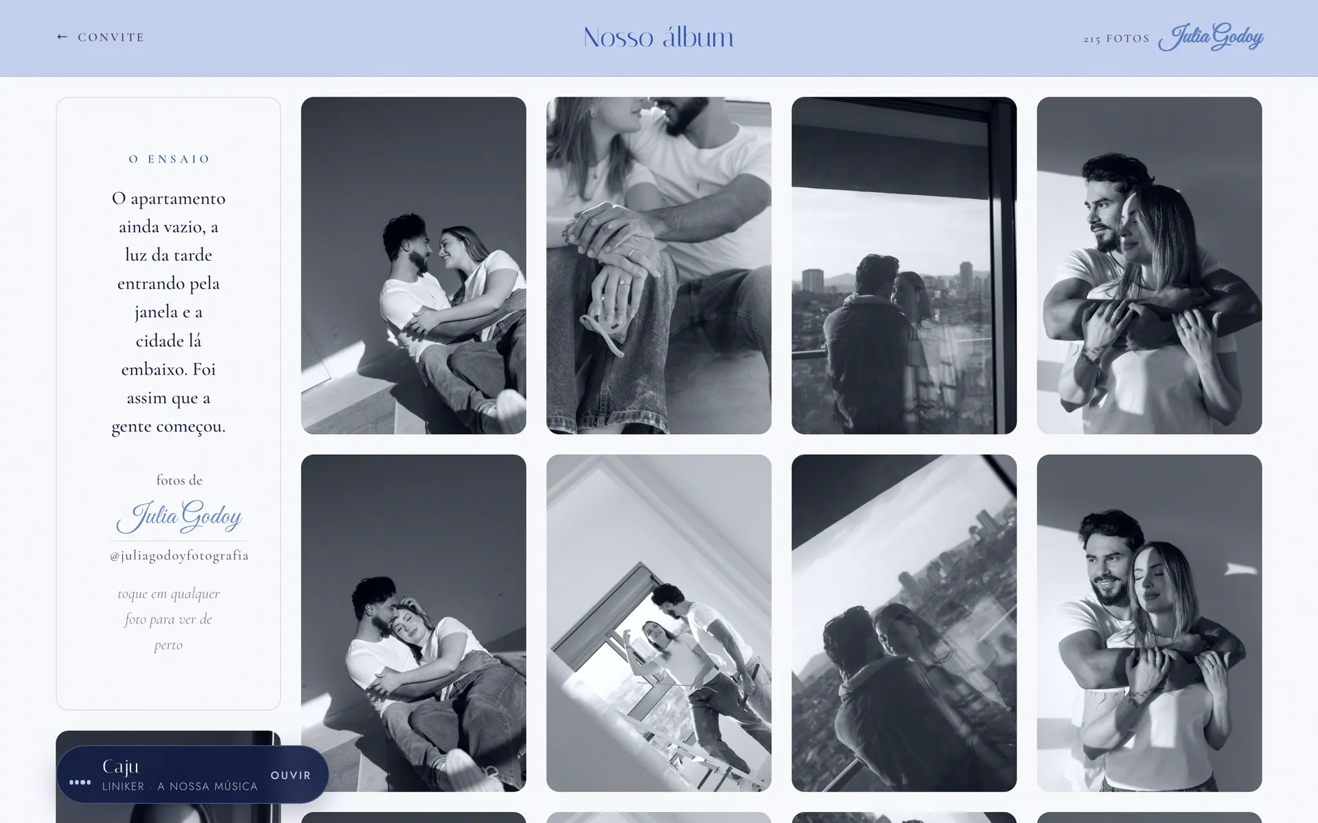 Álbum do ensaio do casal em grade, com o crédito da fotógrafa