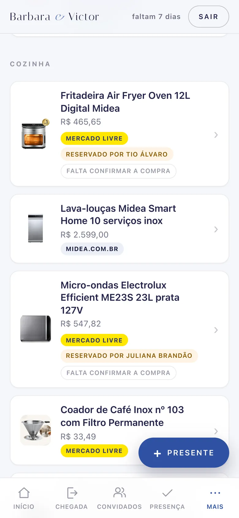 Painel no celular: presentes com a loja, o preço e a reserva