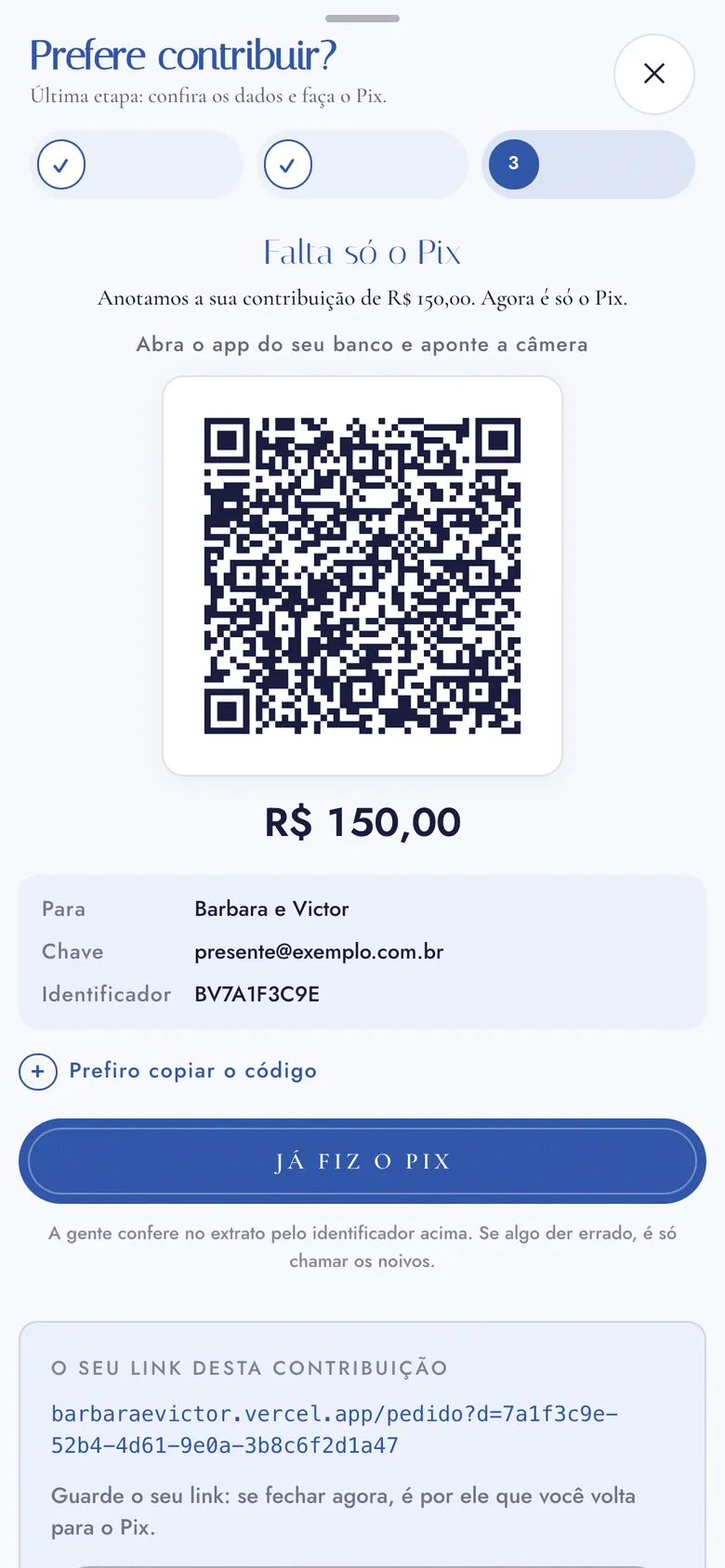 Última etapa do presente: o QR Code do Pix com o código do pedido, com chave e pedido fictícios