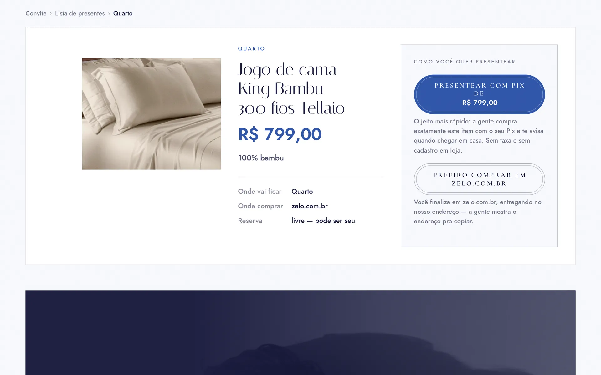 Ficha do presente com os dois caminhos: Pix do valor ou comprar na loja