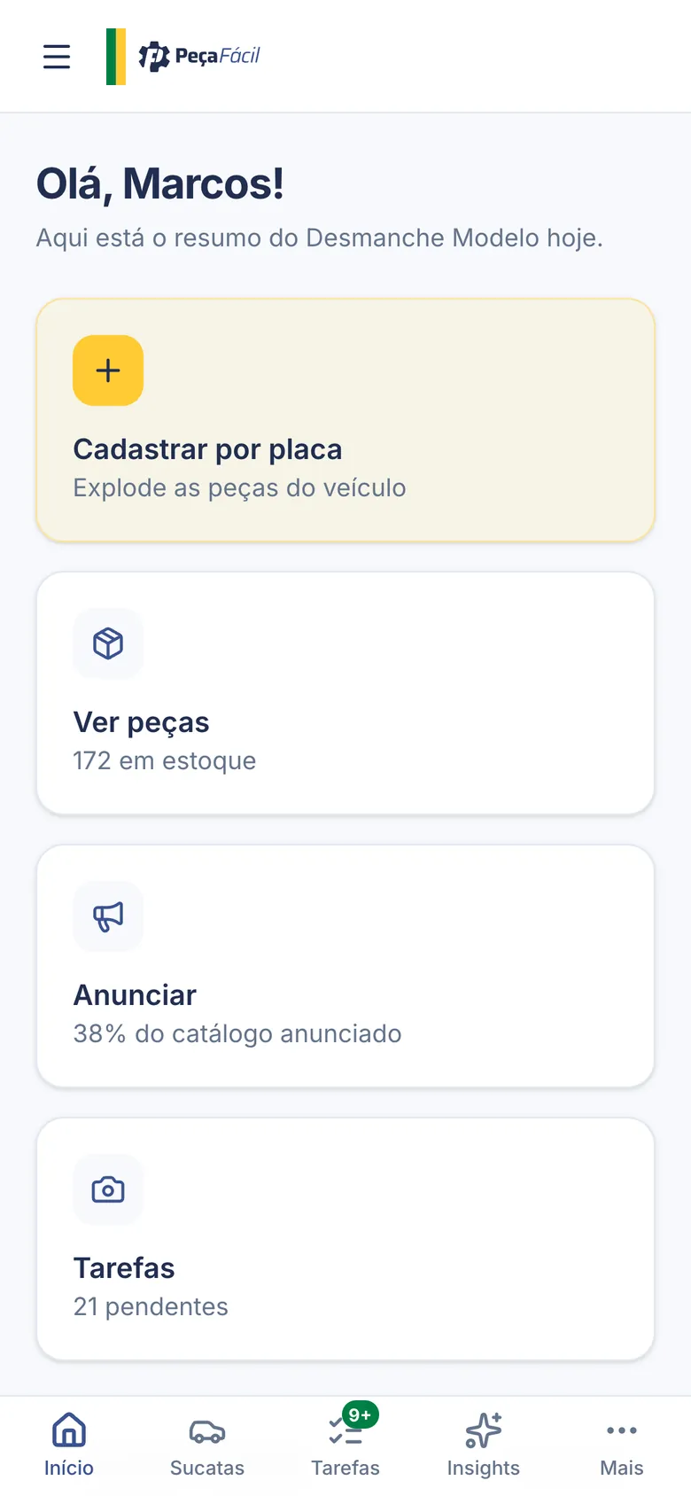 PeçaFácil no celular, com os atalhos de cadastrar por placa, ver peças, anunciar e tarefas