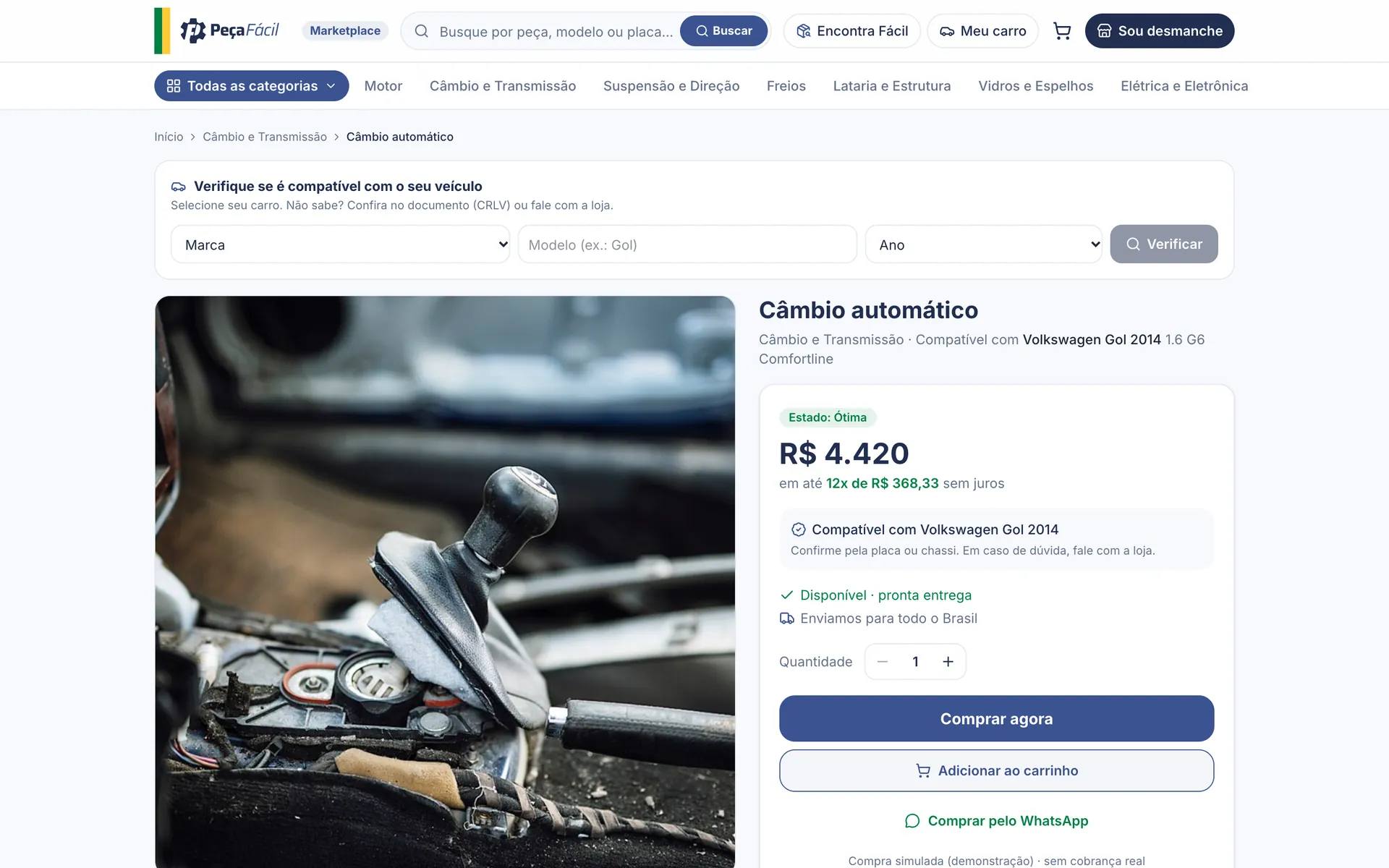 Página de uma peça com a conferência de compatibilidade com o carro e o botão de comprar