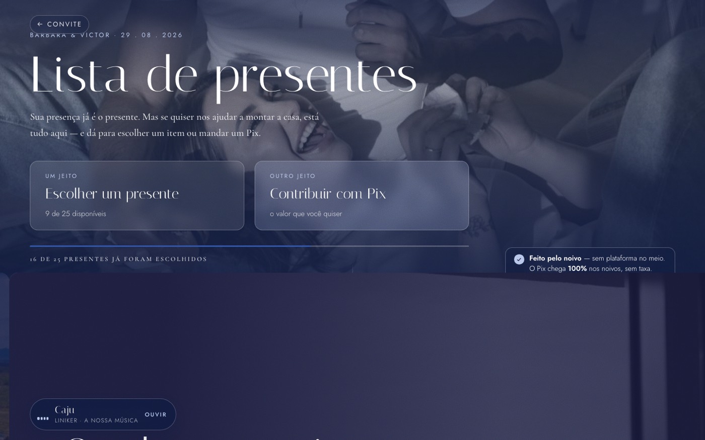 Barbara & Victor — lista de presentes, com escolha de item ou Pix livre