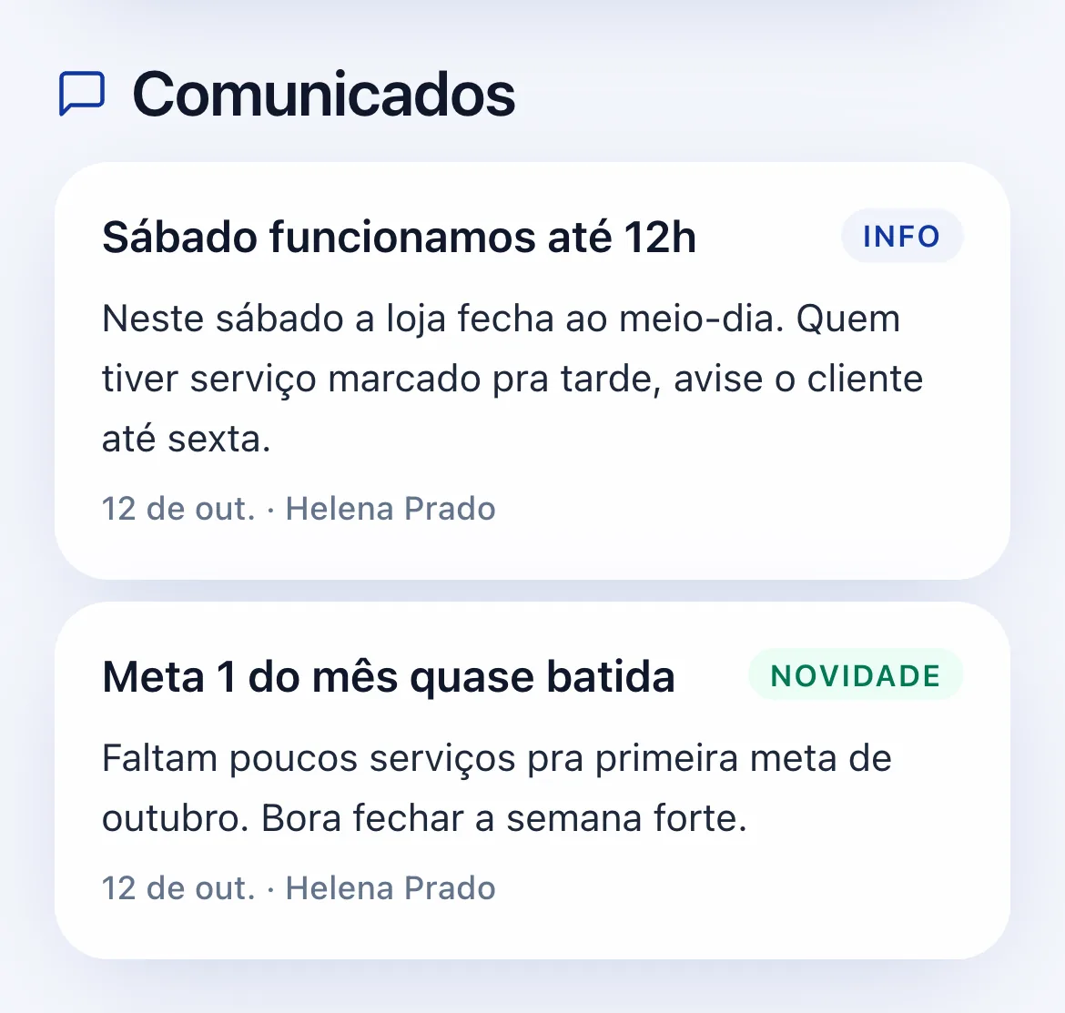 Comunicados da loja
