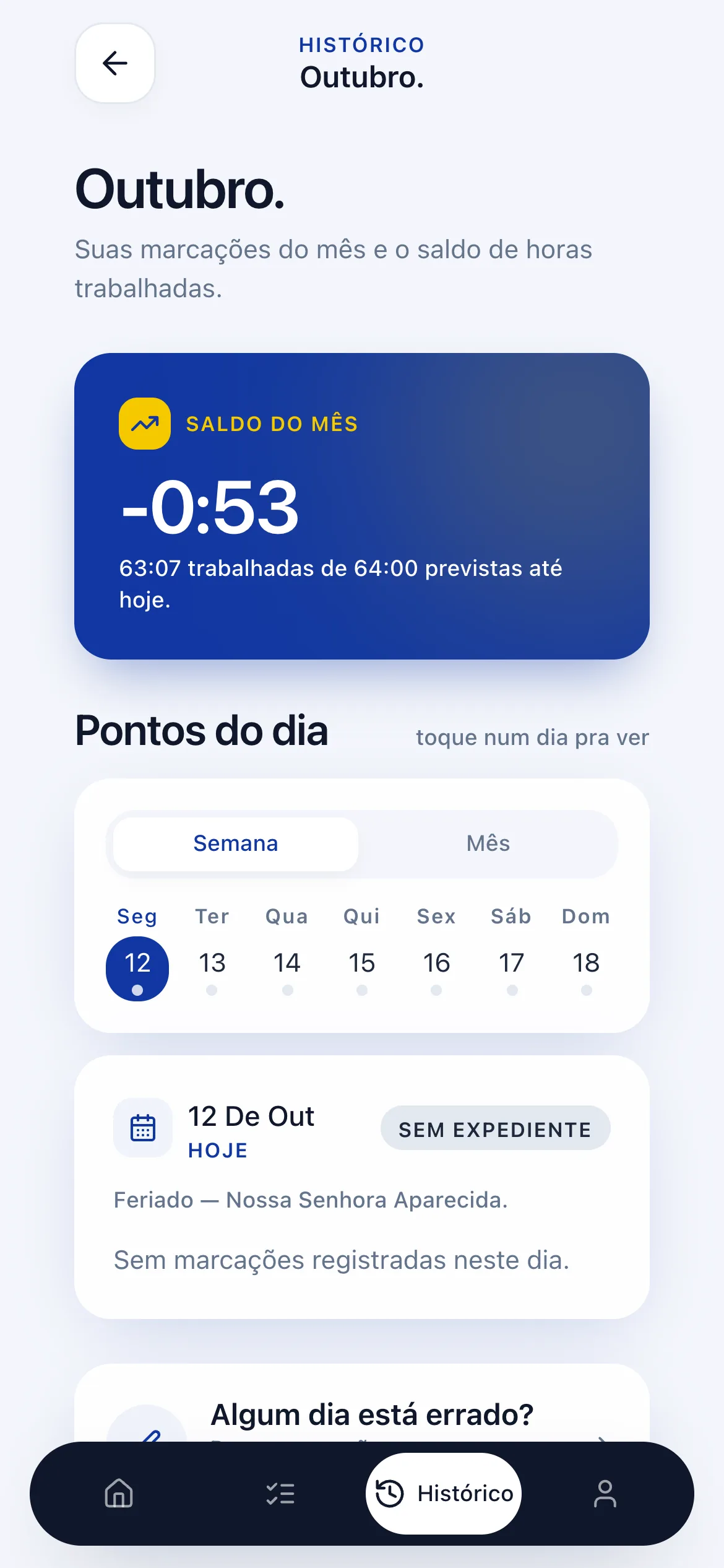 Histórico e saldo de horas