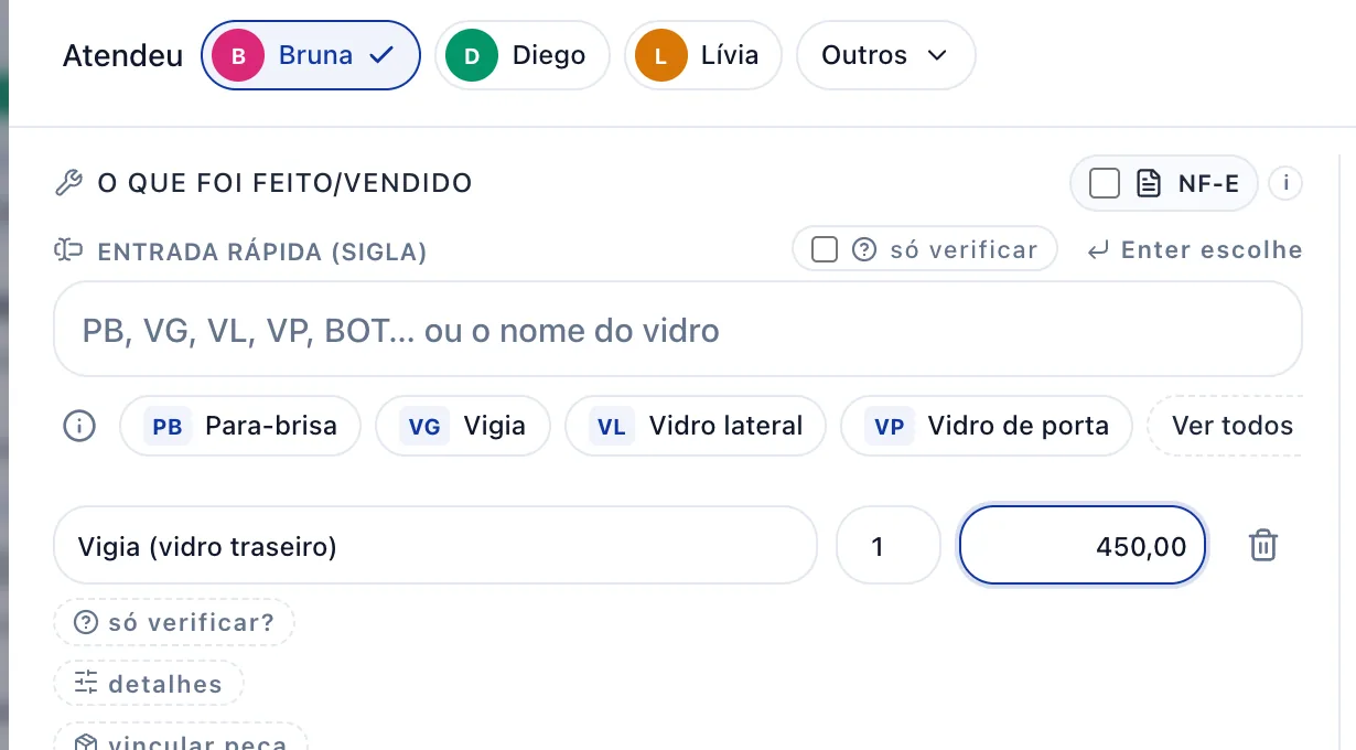 Lance o serviço e o valor