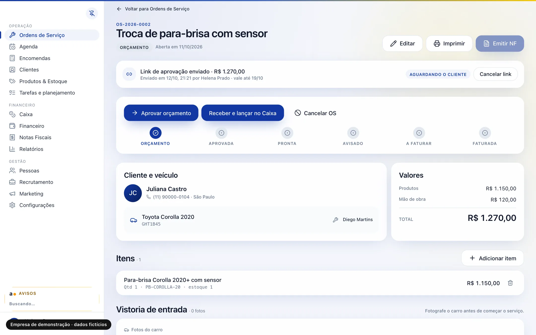 Página de uma ordem de serviço em orçamento, com o link de aprovação enviado ao cliente e os valores
