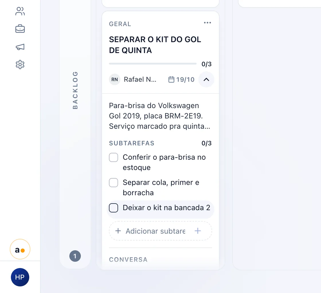 O cartão abre com as subtarefas