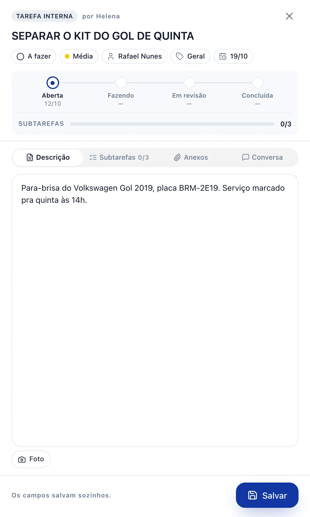 A ficha completa da tarefa